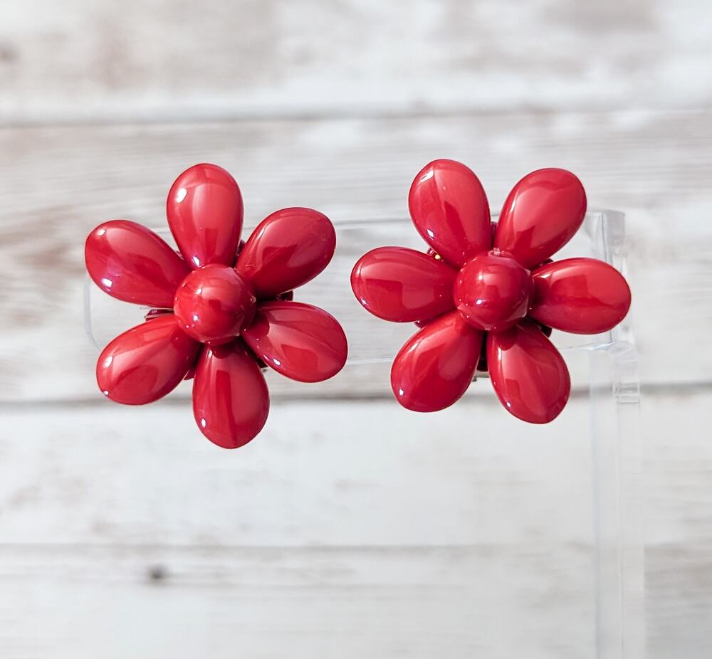 Vintage Clip On Earrings Red Flower 1 & 1/8" Statement